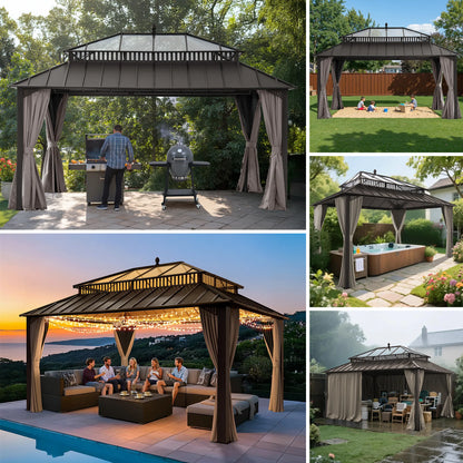 Mazonvintage Kingston 12x16 Gazebo with Netting & Curtain | Steel & PC Roof - Brown Aluminum Posts