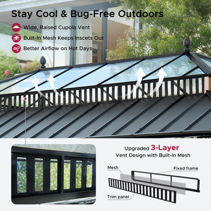 Mazonvintage Kingston 12x20 Gazebo with Netting & Curtain | Steel & PC Roof - Woodgrain Aluminum Posts