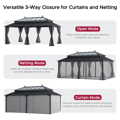 Mazonvintage Kingston 12x20 Gazebo with Netting & Curtain | Steel & PC Roof - Gray Aluminum Posts