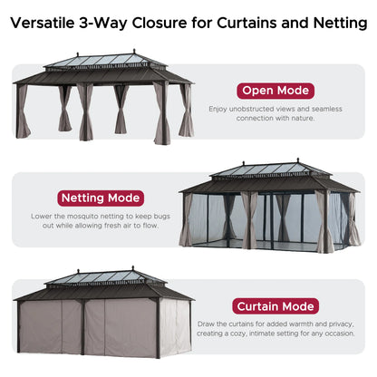 Mazonvintage Kingston 12x20 Gazebo with Netting & Curtain | Steel & PC Roof - Brown Aluminum Posts