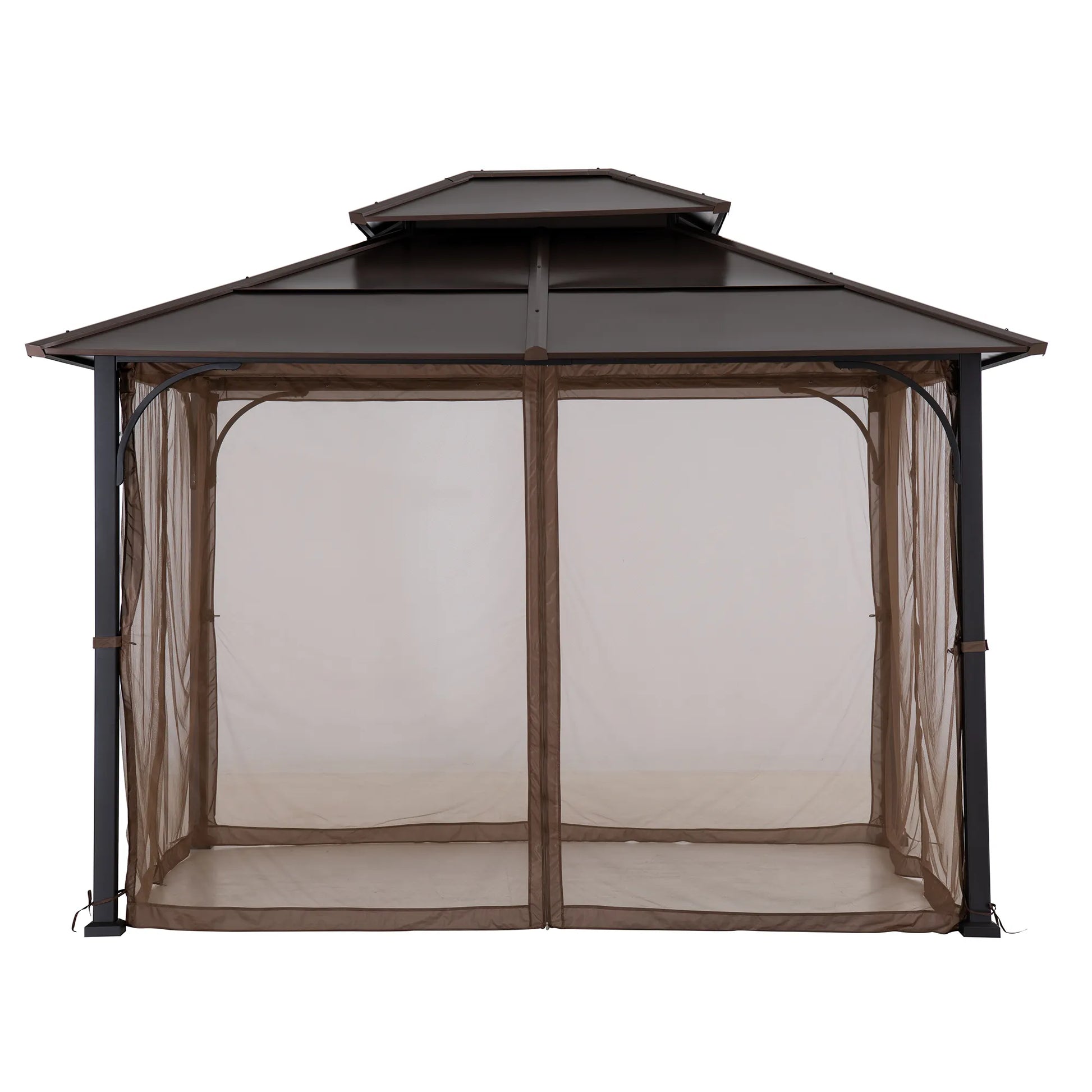 Mazonvintage 10x12 Cedar Wood Gazebo with Galvanized Steel Roof, LED String Lights & Mosquito Netting - Brown