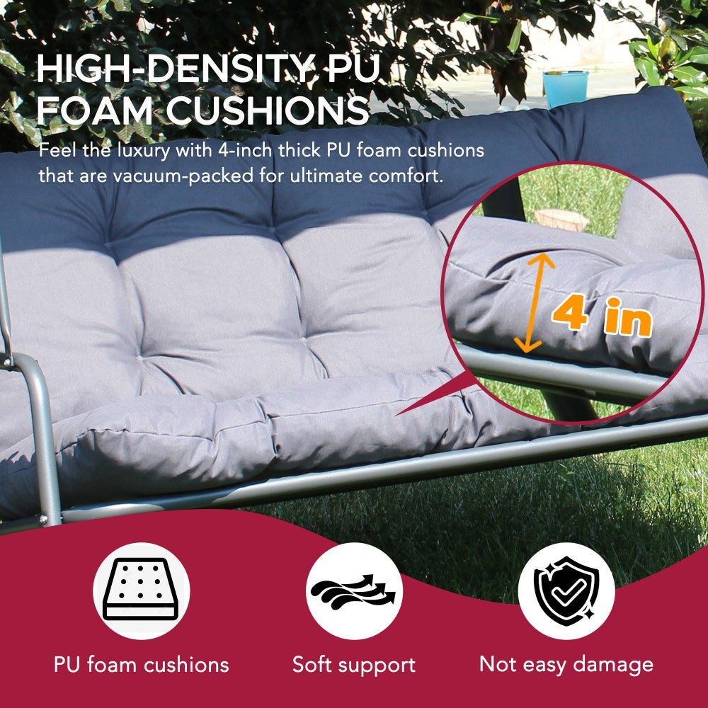 Mazonvintage3-Seat Italian-Made Patio Swing Chair with Adjustable Canopy and 4" Cushions – Gray