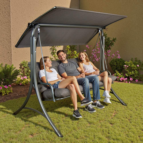 Mazonvintage3-Seat Italian-Made Patio Swing Chair with Adjustable Canopy and 4" Cushions – Gray