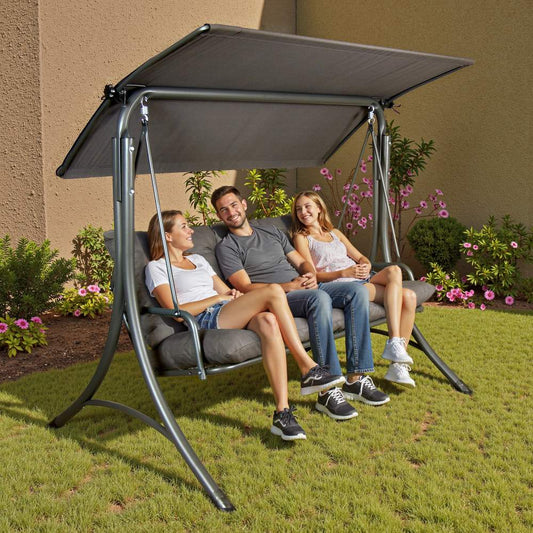 Mazonvintage3-Seat Italian-Made Patio Swing Chair with Adjustable Canopy and 4" Cushions – Gray