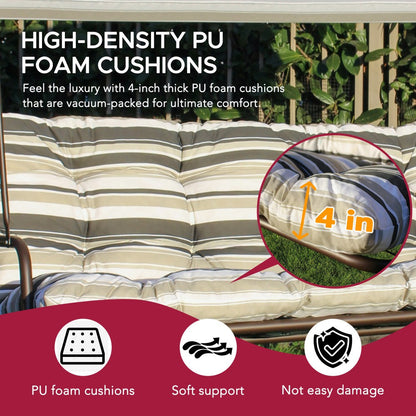 Mazonvintage3-Seat Italian-Made Patio Swing Chair with Adjustable Canopy and 4" Cushions – Stripe
