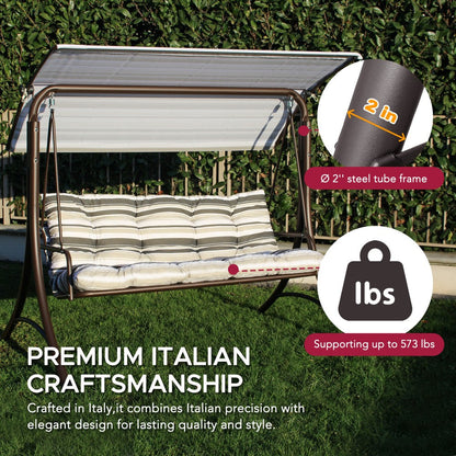 Mazonvintage3-Seat Italian-Made Patio Swing Chair with Adjustable Canopy and 4" Cushions – Stripe