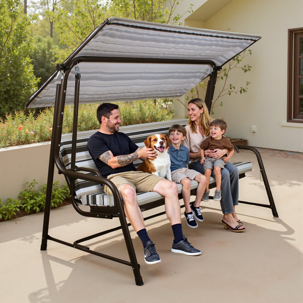 Mazonvintage 4-Seat Italian-Made Patio Swing Chair / Bed with Adjustable Canopy and Cushions – Stripe