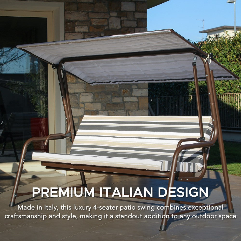 Mazonvintage 4-Seat Italian-Made Patio Swing Chair / Bed with Adjustable Canopy and Cushions – Stripe