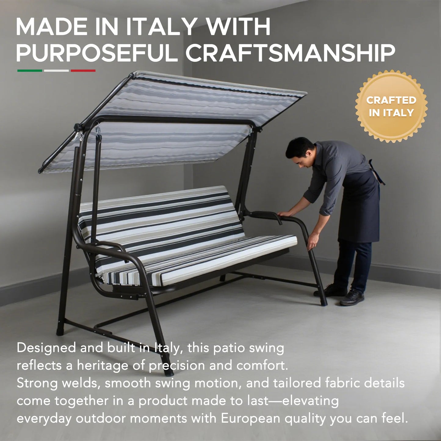 Mazonvintage 4-Seat Italian-Made Patio Swing Chair / Bed with Adjustable Canopy and Cushions – Stripe