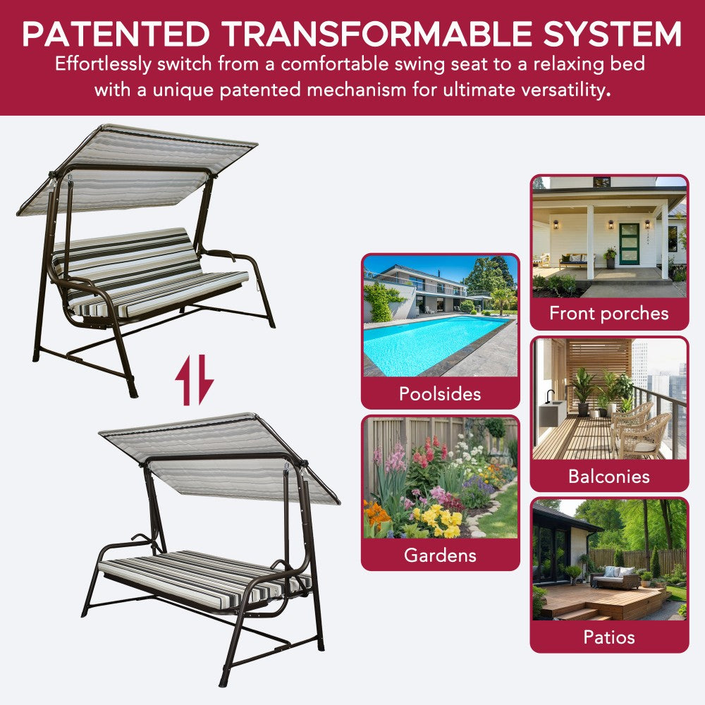 Mazonvintage 4-Seat Italian-Made Patio Swing Chair / Bed with Adjustable Canopy and Cushions – Stripe