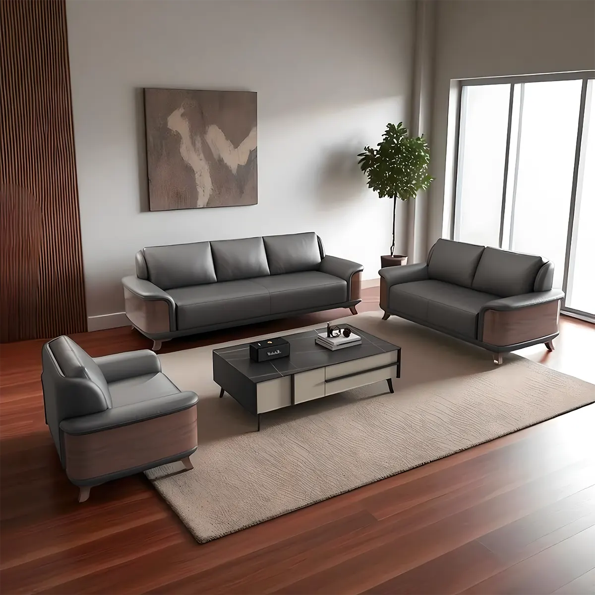 Ash Wood Sofa Covered With High-Quality Black Leather - Modern Luxurious Design 
