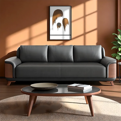 Ash Wood Sofa Covered With High-Quality Black Leather - Modern Luxurious Design 