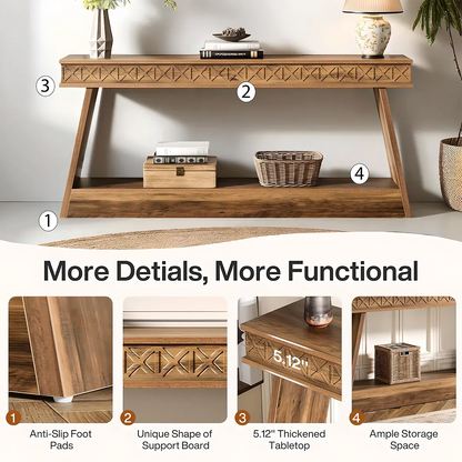 Carved Wooden Console Table – 2-Tier Display Shelf 180cm, U-Shaped Structure – Modern Style 