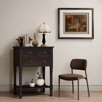 Elegant dark wood console table with 3 drawers and lower shelf 