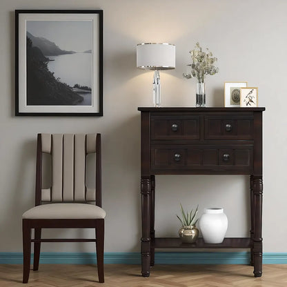 Elegant dark wood console table with 3 drawers and lower shelf 
