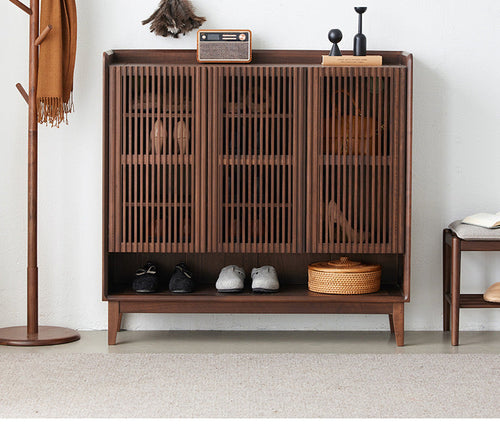 Mazonvintage-Alchemy Grille Doors Walnut Wood Shoe Cabinet