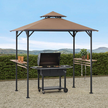 Mazonvintage Outdoor Patio 5x8 Khaki 2-Tier Steel Backyard Soft Top Grill Gazebo with Bar Shelves and Hooks