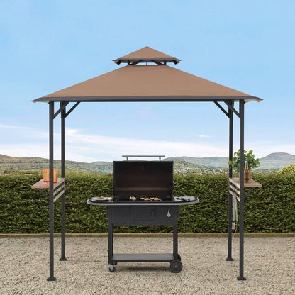 Mazonvintage Outdoor Patio 5x8 Khaki 2-Tier Steel Backyard Soft Top Grill Gazebo with Bar Shelves and Hooks