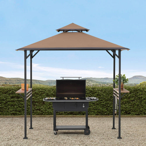 Mazonvintage Outdoor Patio 5x8 Khaki 2-Tier Steel Backyard Soft Top Grill Gazebo with Bar Shelves and Hooks