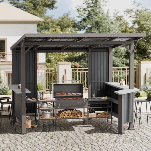Mazonvintage 10' X 10' Outdoor Hardtop Grill Gazebo, Steel BBQ Gazebo with Multi-Tier Shelves Permanent & Independent Countertop for Patio Mazonvintage Lawn Garden (Dark)