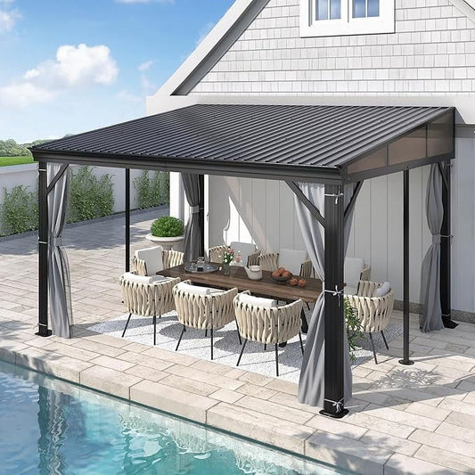 Mazonvintage 10' x 12' Lean to Mazonvintage Gazebo for Patio - Aluminum Frame Gazebos Pergola with Sloping Metal Roof, Outdoor Wall-Mounted Canopy Awnings to House for Patio, Garden, Lawn, Backyard Deck