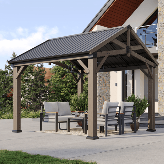 Mazonvintage 10' x 12' Outdoor Wood Frame Gazebo, Mazonvintage Gazebo with Galvanized Steel, Permanent Wooden Pavilion for Patio Mazonvintage Lawn Garden