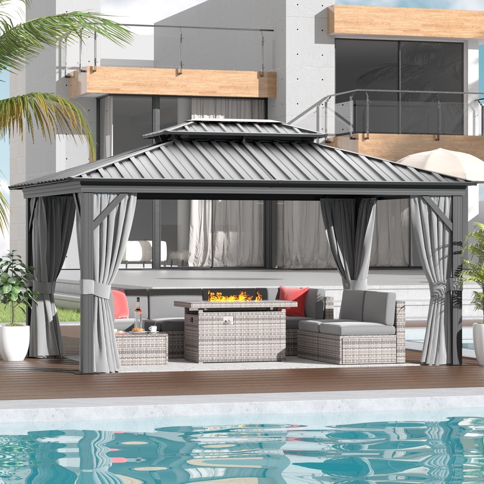 Mazonvintage 12'x16’Outdoor Hardtop Gazebo, Galvanized  Double Roof Aluminum Pavilion with Netting and Curtains for Garden, Patio, Lawns, Gray