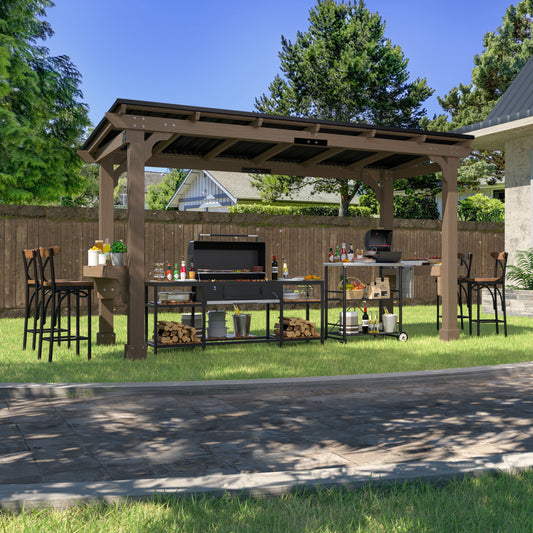 Mazonvintage 13' x 6' Outdoor Grill Gazebo, Outdoor Heavy Duty BBQ Pergola w/Workstation Shelves for Garden, Patio, Light Mocha Brown