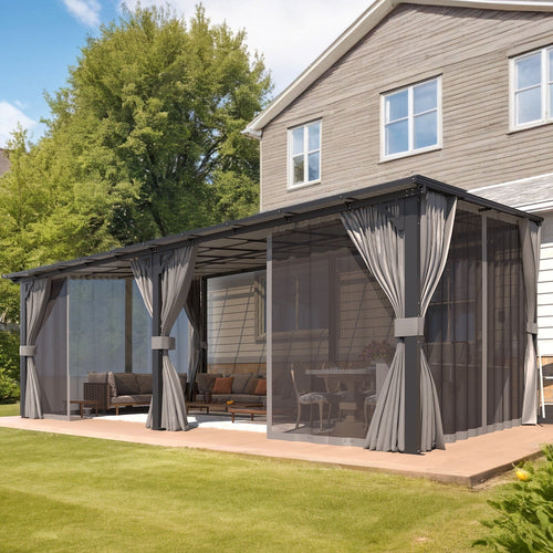 Mazonvintage 20' x 12' Lean to Gazebo with Netting and Curtain Outdoor Mazonvintage Gazebo Aluminum Metal Pergola ​For Garden, Patio, Backyard-​Dark ​Gray
