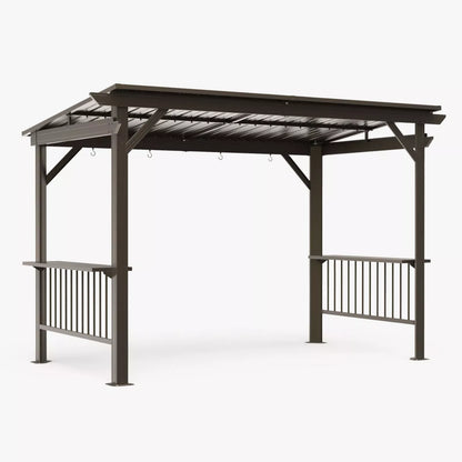 Mazonvintage 6.5x12FT Hardtop Grill Gazebo, Outdoor BBQ Shelter with 2 Side Shelves, Sloping Steel Roof, Permanent Sun Shade & Ceiling Hooks for Patio, Deck, Yard, Garden (Brown)