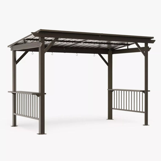 Mazonvintage 6.5x12FT Hardtop Grill Gazebo, Outdoor BBQ Shelter with 2 Side Shelves, Sloping Steel Roof, Permanent Sun Shade & Ceiling Hooks for Patio, Deck, Yard, Garden (Brown)