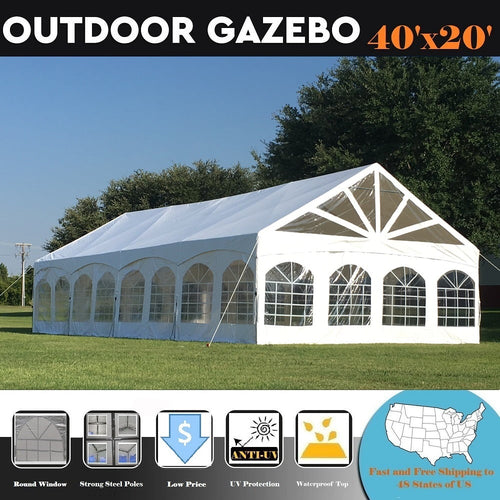 Mazonvintage Canopies 40'x20' PVC Marquee Fire Retardant Party Tent Wedding Canopy Gazebo with Steel Frame, Removable Side Window Walls and Clear End Panels - White