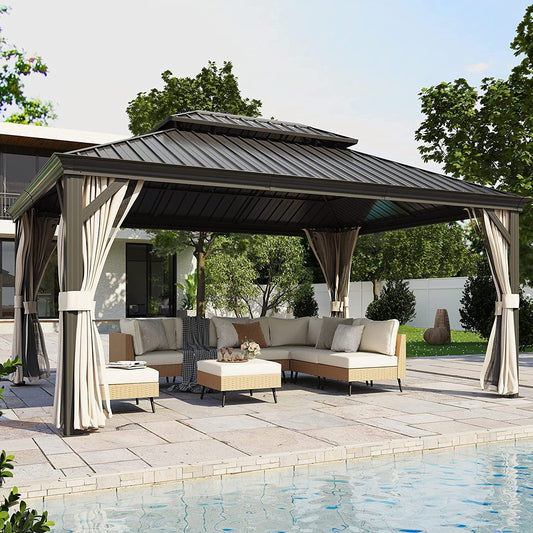 Mazonvintage HOME 12' x 16' Hardtop Patio Gazebo, 2-Tier Permanent Aluminum Hardtop with Mosquito Netting and Privacy Curtain, Brown