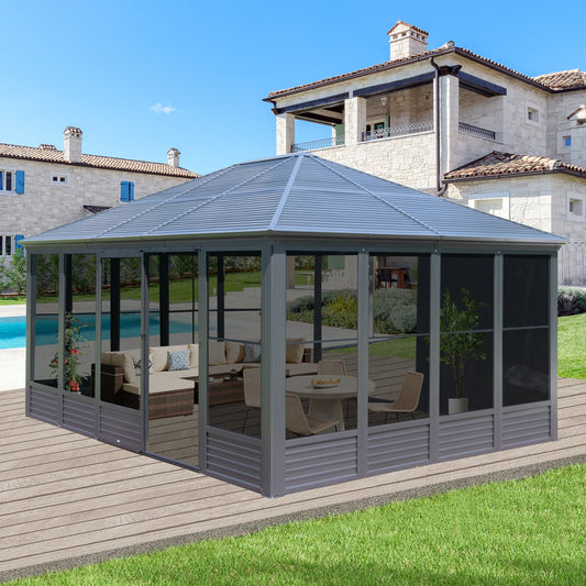 Mazonvintage Outdoor 16.5x13 Ft Sunroom, All-Season Solarium Aluminum Hardtop Gazebo with Galvanized Steel Roof, Movable PE Screen, Sliding Door, Sun Room Pavilion Gazebo for Deck Backyard Garden