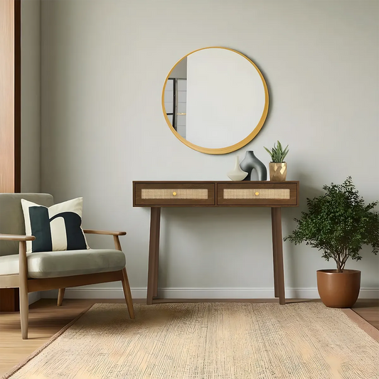 Mid‑Century Console Table Natural Wood, Rattan Drawers – Minimalist Retro Design 