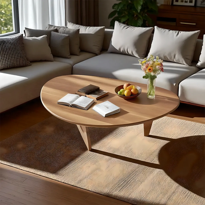 Minimalist round wooden coffee table, gently curved design combined with colors create a soft, cozy feeling 