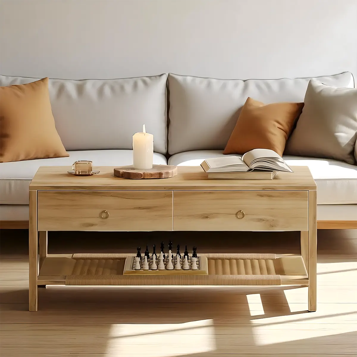 Minimalist wooden coffee table, 2 drawers and bottom shelf, Nordic style 