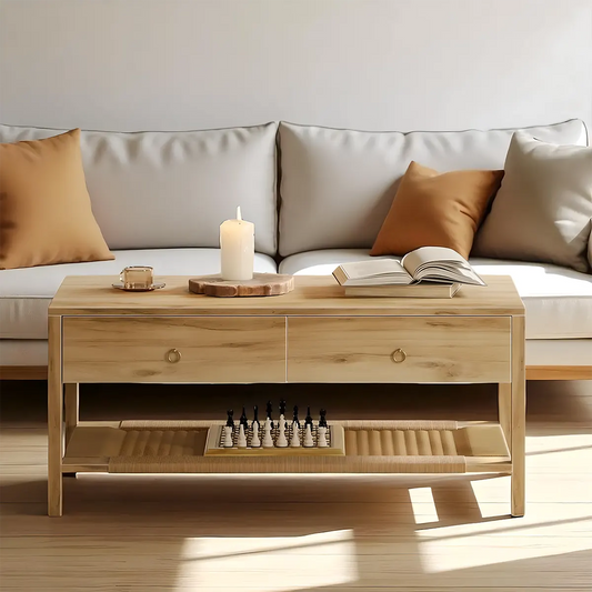 Minimalist wooden coffee table, 2 drawers and bottom shelf, Nordic style 