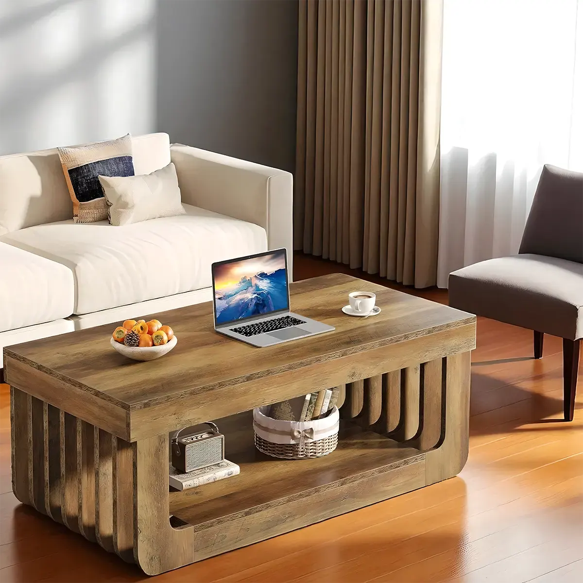 Modern Slatted Wood Coffee Table, Elegant & Cozy 