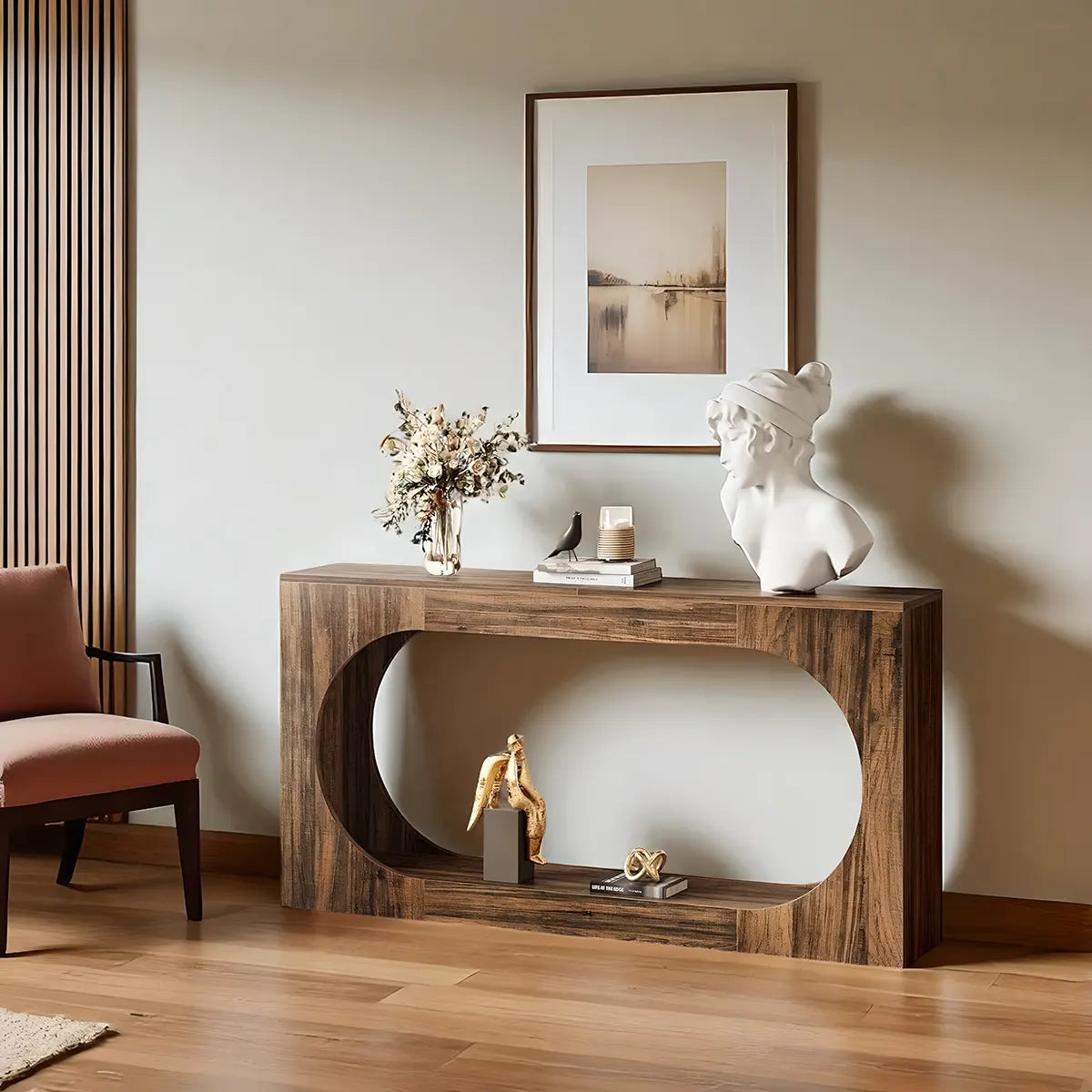 Modern Style Console Table – Luxurious Round Cutout, Walnut Wood 