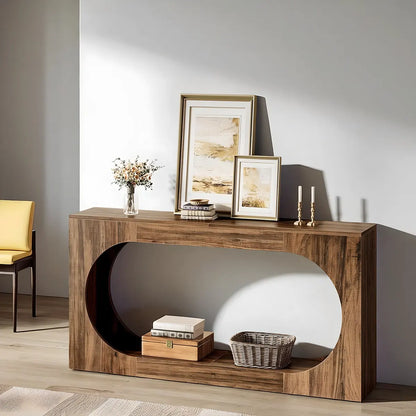 Modern Style Console Table – Luxurious Round Cutout, Walnut Wood 