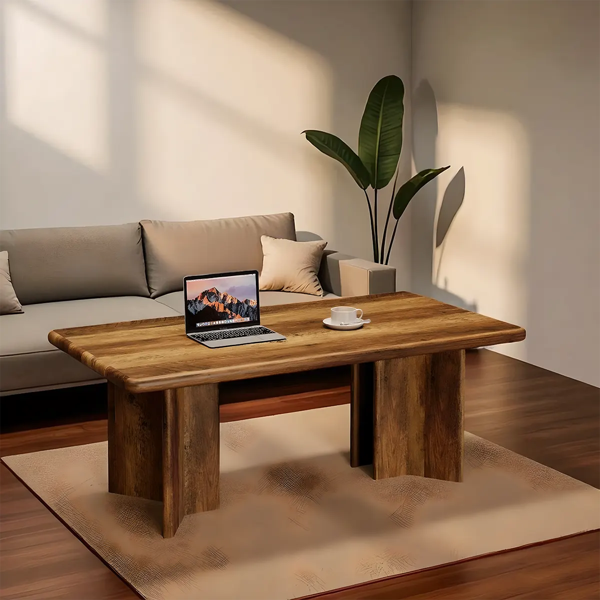 Modern natural wood tea table, Unique column leg design 