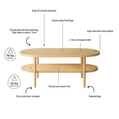Natural Oak Oval Coffee TABLE, Exquisite Design, Compact Size Suitable For Most Spaces 