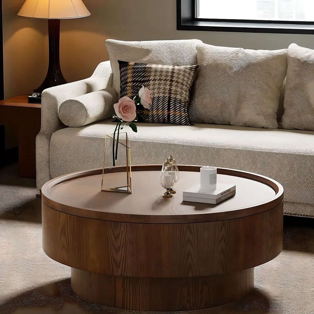 Natural Wood Round Coffee Table – Hidden Storage Shelf, Modern Design 
