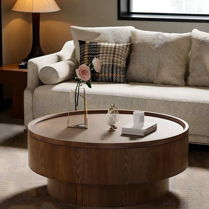 Natural Wood Round Coffee Table – Hidden Storage Shelf, Modern Design 