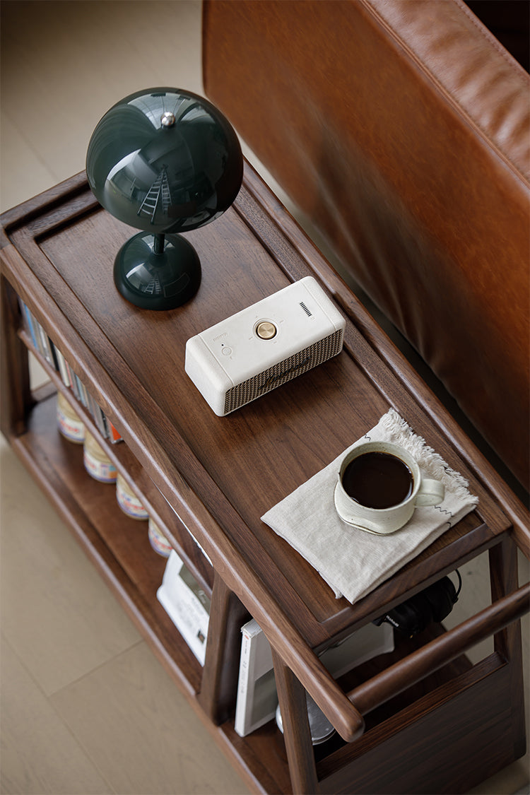 Mazonvintage-Multi-Functional Walnut Wood Side Table with Roller