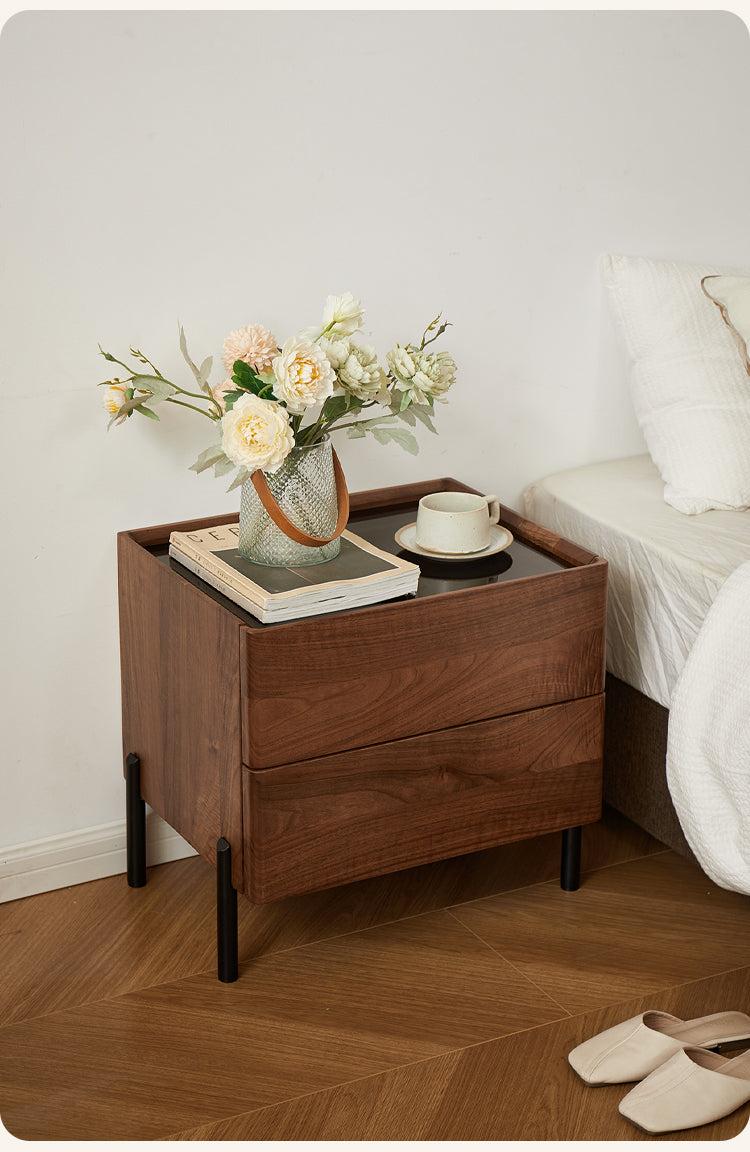Mazonvintage-Voyage Black Walnut Wood Nightstand with Glass Top