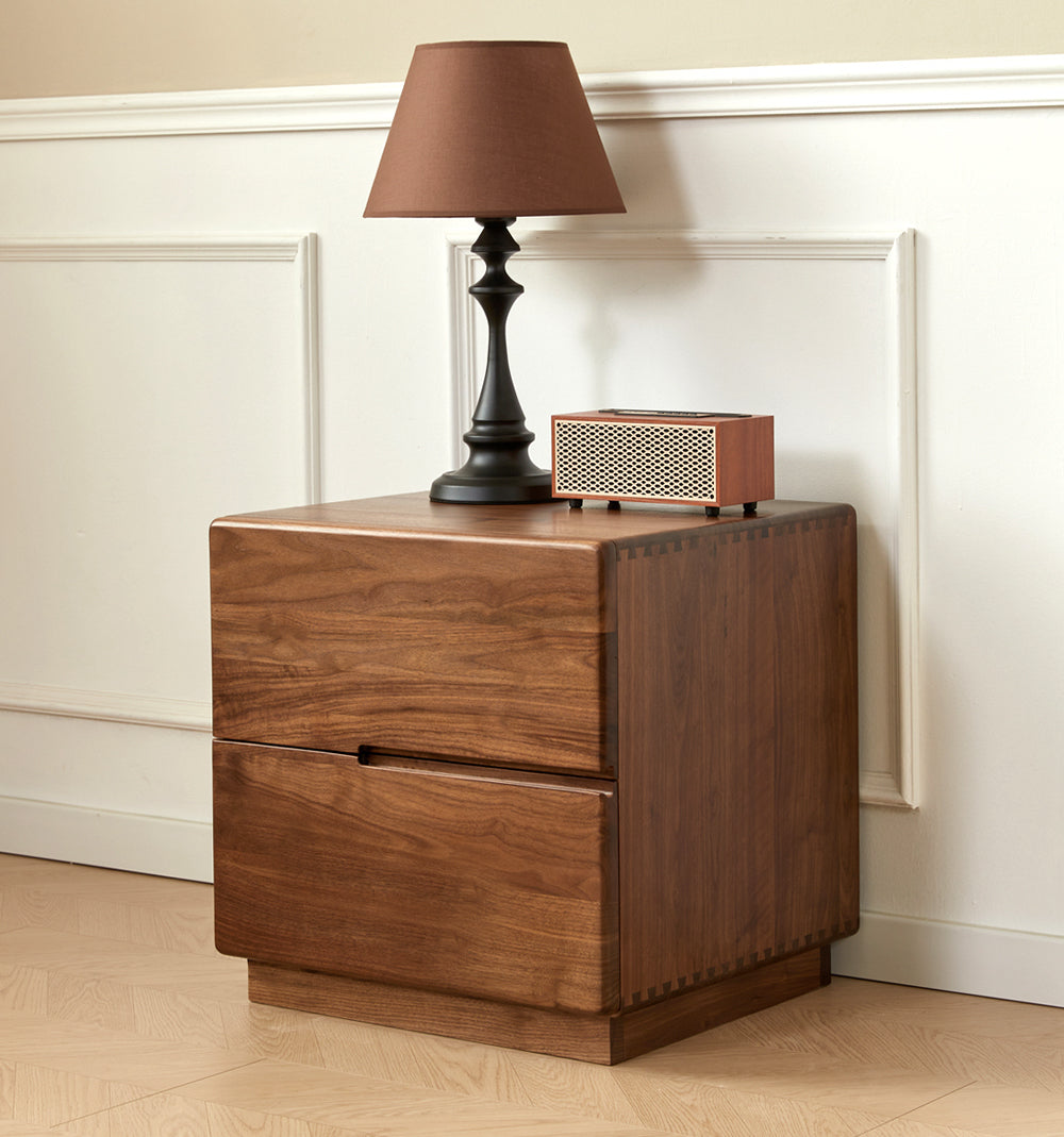 Mazonvintage-Japandi Solid Black Walnut Wood Bedside Table with 2 Drawers