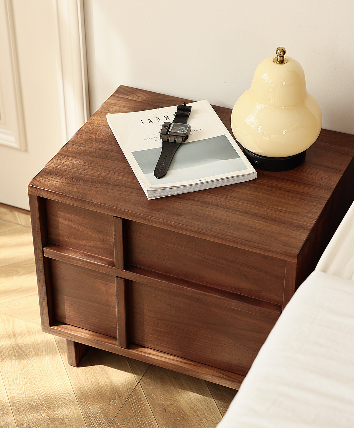 Mazonvintage-Stylish Cross Design Walnut Wood Nightstand