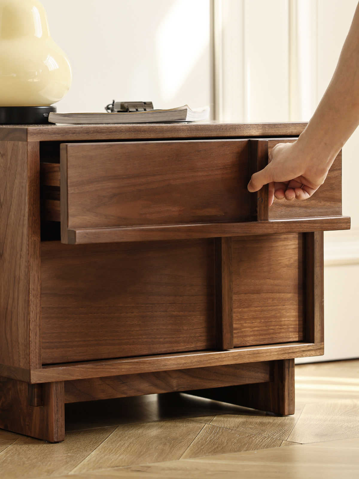 Mazonvintage-Stylish Cross Design Walnut Wood Nightstand